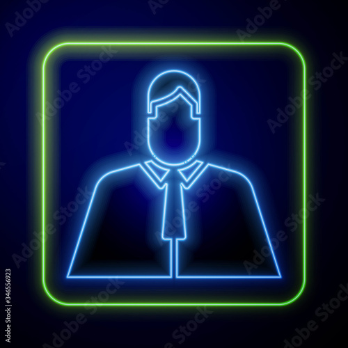 Glowing neon Lawyer, attorney, jurist icon isolated on blue background. Jurisprudence, law or court icon.  Vector Illustration