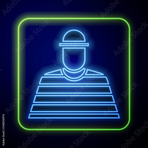 Glowing neon Prisoner icon isolated on blue background.  Vector Illustration