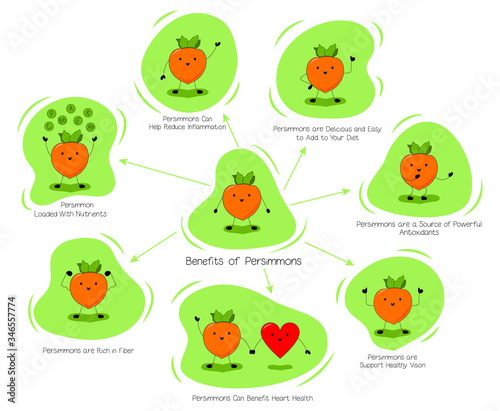Persimmon Benefits Infographic. Persimmon Supports Health. Fruits are healthy. Kawaii style. Flat design. Tropical fruits.  © Ірина Омелянчук