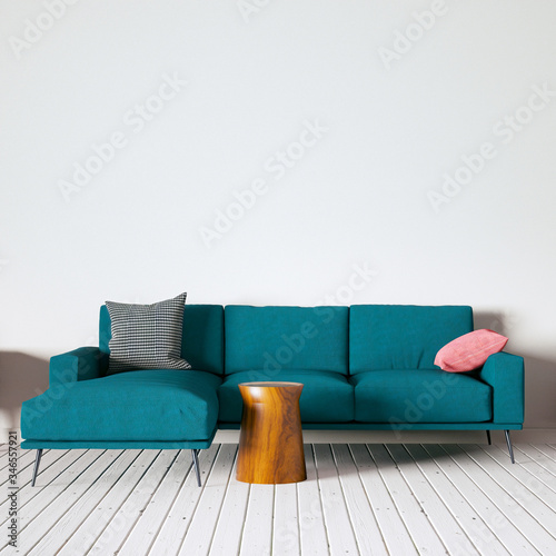 Realistic Interior Render with Wooden Floors, Cozy Sofa and Decorations photo