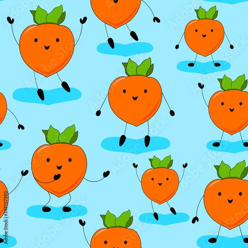 Fototapeta Naklejka Na Ścianę i Meble -  Seamless Pattern Little Persimmons on Blue Background. Cute and Happy Persimmon Characters Smile, Dance, Wave and Jump. Vector Illustration for Kids. Kawaii Style. Flat Cartoon Design. Tropical Fruit