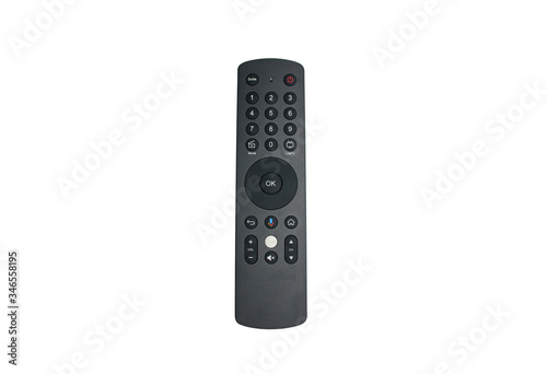 Black remote television control isolated on white background.