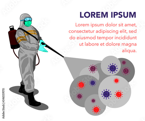 Illustration. Man in hazmat suit is spraying or cleaning or disinfecting epidemic of virus. Protection concept of virus or bacteria pandemic health risk