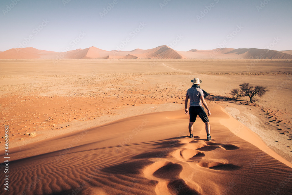 Namibia Namib Desert Sossusvlei Man walking on the top of the