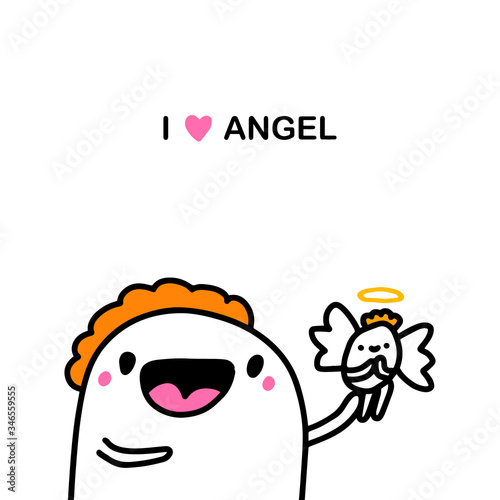 I love angel hand drawn vector illustration in cartoon comic style man holding small creature