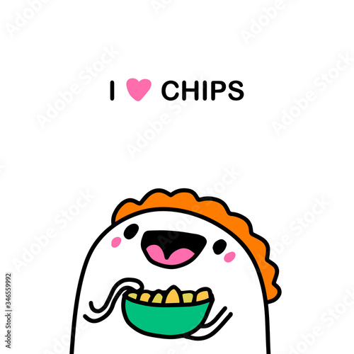 I love chips hand drawn vector illustration in cartoon comic style man happy to eat snacks