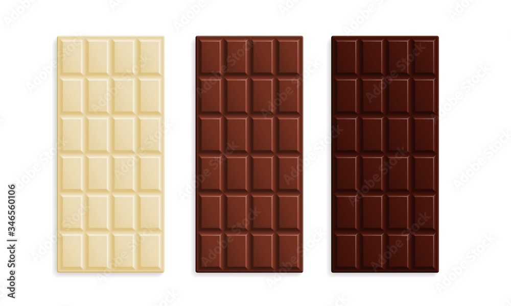 Milk, dark and white chocolate bars set Milk, dark and white chocolate bars set