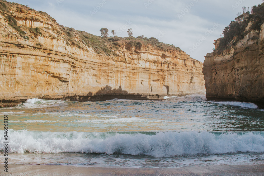 View of cliffs and rocks in the ocean. Great Ocean Road, Australia.