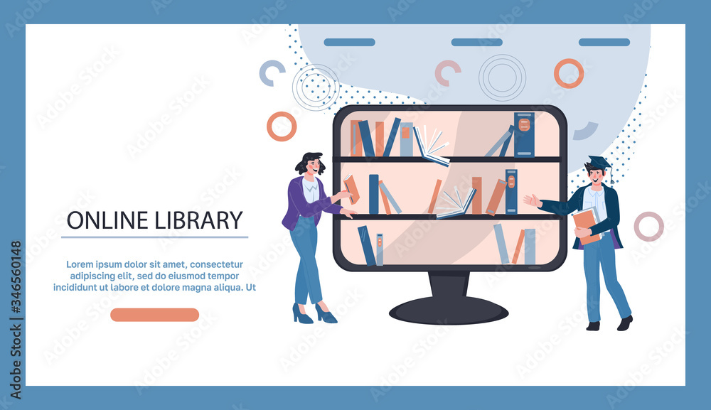 Online library and distance education web banner or landing page with people getting books from bookshelves. Educational courses and e-learning computer internet technology. Flat vector illustration. Online library and distance education web banner or landing page with people getting books from bookshelves. Educational courses and e-learning computer internet technology. Flat vector illustration.