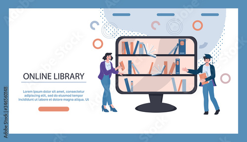 Online library and distance education web banner or landing page with people getting books from bookshelves. Educational courses and e-learning computer internet technology. Flat vector illustration.
