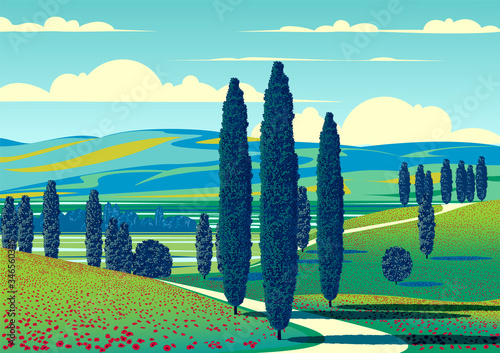 Summer rural landscape with trees, fields, meadows and hills in the background.