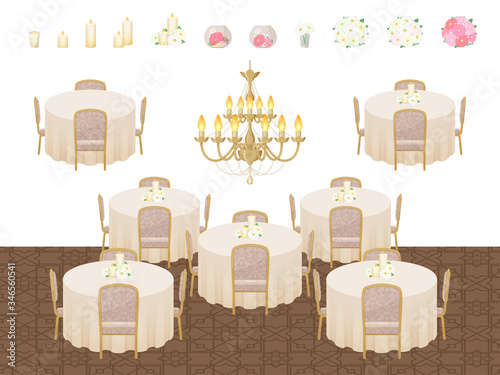シャンデリア_円卓_宴会場_ホテル_イラスト素材セット