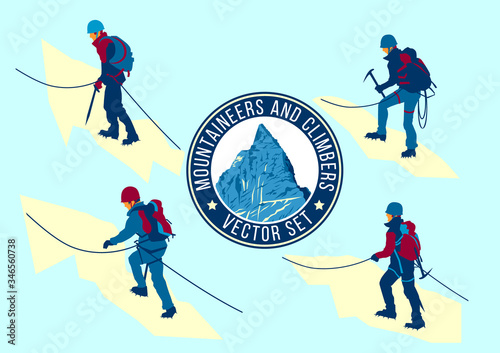 Set of vector flat mountaineers and climbers.