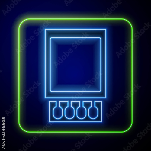 Glowing neon Open matchbox and matches icon isolated on blue background.  Vector Illustration