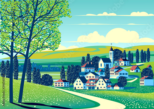Rural landscape with fields, meadows, village, trees and hills in the background.