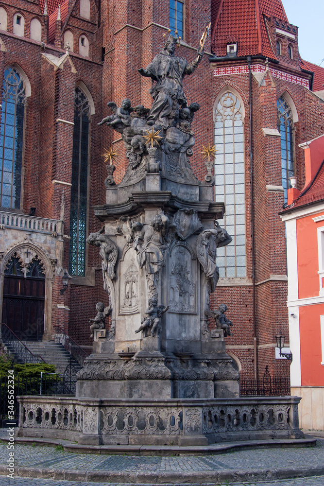 architecture, church, building, landmark, cathedral, europe, statue, old, city, religion, sculpture, travel, tower, history, monument,wroclaw,poland ancient, facade, town, gothic, stone, sky, tourism