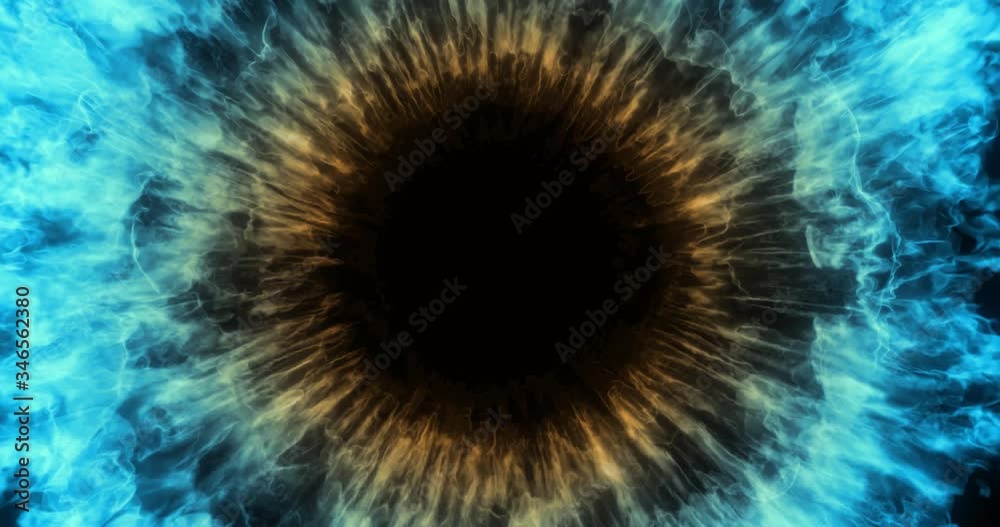 Abstract Color Burst Eye, smoke explosion, twirling mist (fog, smoke). magic, power, electricity, energy, tech, nuclear atom, water droplets. shockwave effect. 3D rendering 4k seamless loop