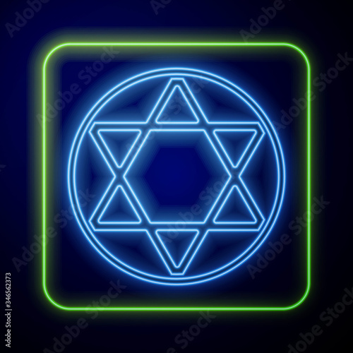 Glowing neon Star of David icon isolated on blue background. Jewish religion symbol. Symbol of Israel.  Vector Illustration