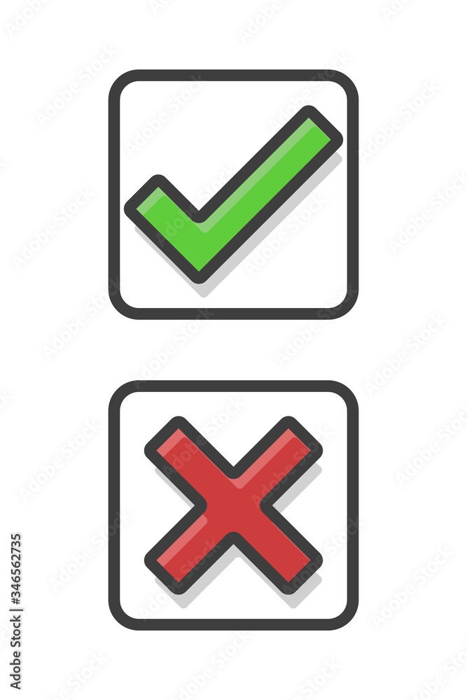 Green check mark and red cross mark in square. Outline. Flat style. Green check mark and red cross mark in square. Outline. Flat style.
