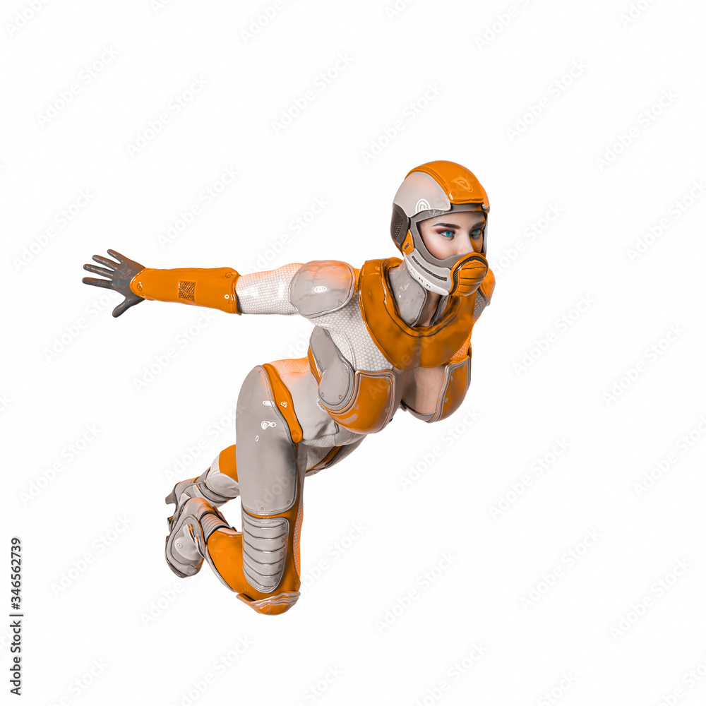 comic woman in a sci fi outfit flying up