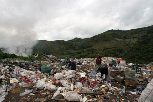 burning plastic trash and rubbish mountain in Myanmar 