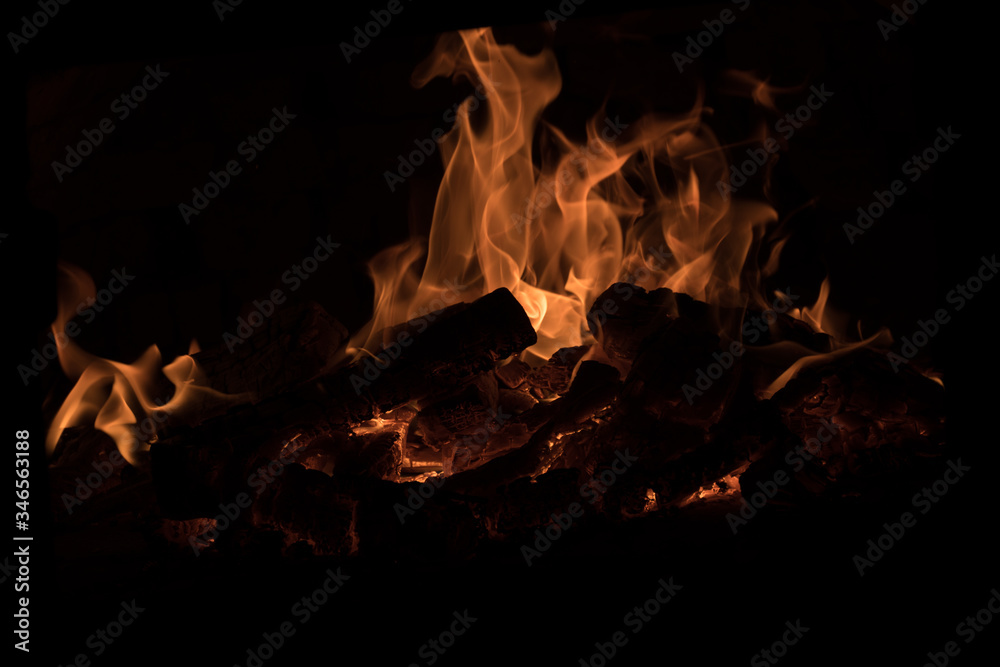Fire and burn coals in stone oven. Oven made of brick and clay on the wood. Oven for pizza. Fire and burn coals in stone oven. Oven made of brick and clay on the wood. Oven for pizza.
