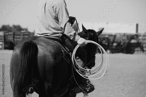 Western rodeo lifestyle, horseback riding with rope for roping practice in black and white.