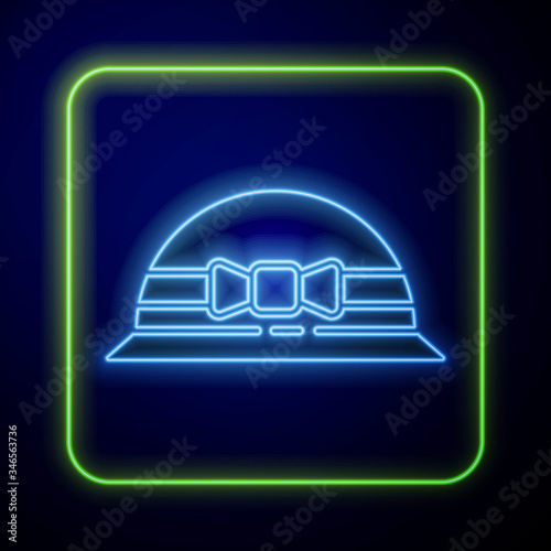 Glowing neon Elegant women hat icon isolated on blue background. 8 March. International Happy Women Day.  Vector Illustration