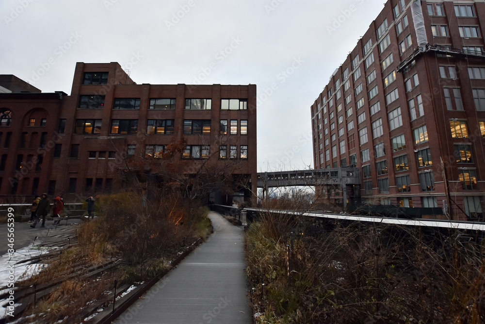 The High Line is a modern  public park built on an historic freight rail line elevated above the streets on Manhattan West Side.