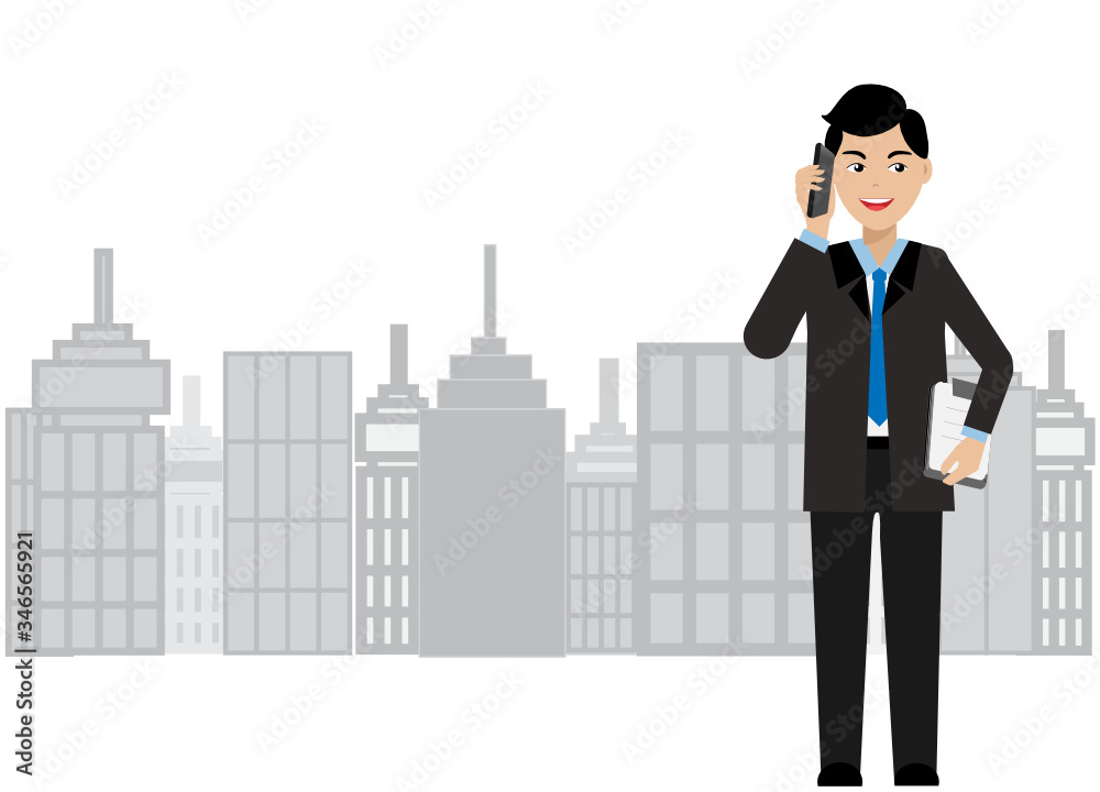 Young confident businessman talking on smart phone with skyscraper buildings background. Isolated on white background. Vector Illustration. Flat design. Young confident businessman talking on smart phone with skyscraper buildings background. Isolated on white background. Vector Illustration. Flat design.