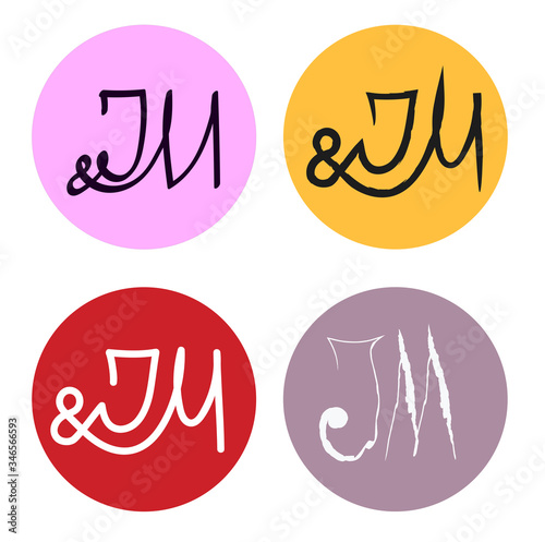 Set of monograms or logos for female and male names, starting with the letters J and M in a round frame.
For example, Jessica and Matthew, Jennifer and Michael, Joshua and Megan, Justin and Madison