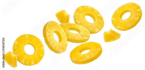 Canned pineapple rings isolated on white background