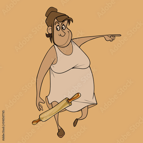 cartoon principal woman with rolling pin points finger to side