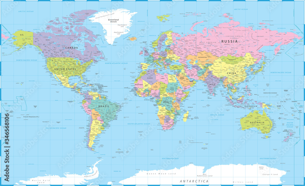 World Map Color Political - Vector Detailed Illustration - Layers