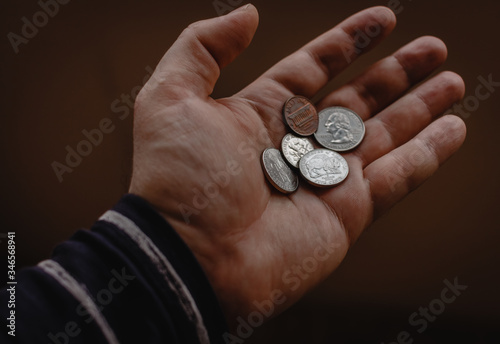 Small coins of USA lie in the palm of hand. small change in hand