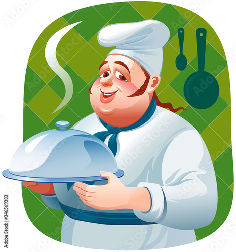 Ð¡hef with tray of food in hand. Tasty food