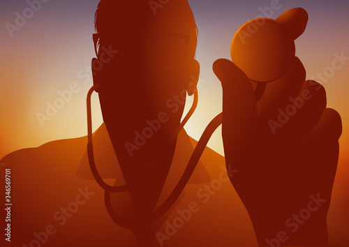 Concept de la lutte du dépistage des maladies pulmonaires et cardiovasculaire, avec un médecin pneumologue qui ausculte un patient avec un stéthoscope.