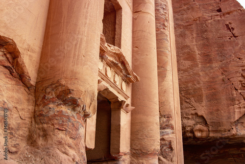 Details of the rock-cut sandstone facade of Urn Tomb, Royal Tombs of Petra, Jordan