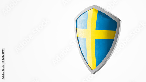 Free Download Protection shield and safeguard concept. Shiny steel armor painted as Swedish national flag. Safety badge icon. Privacy banner. Security label and  Defense sign. Force and strong symbol. 3D rendering - GFXLoad