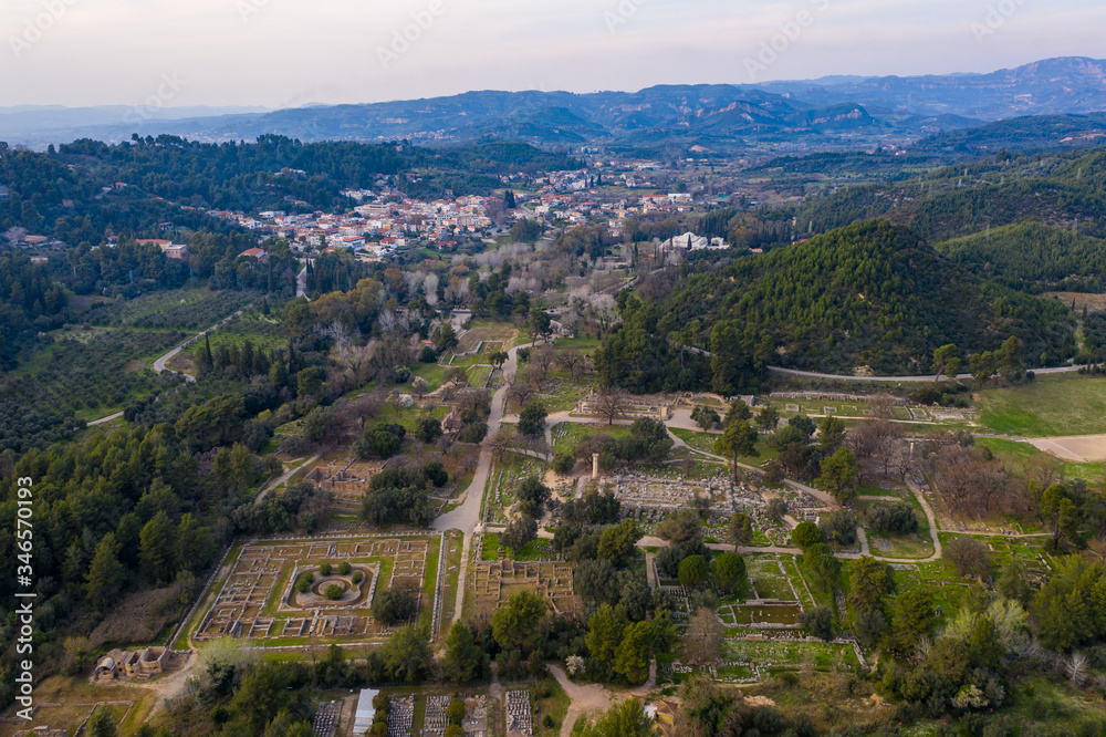 Aerial bird's eye view photo taken by drone of archaeological site of Ancient Olympia, Peloponnese, Greece