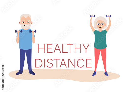Maintaining social distance when playing sports for older people. Grandparents doing fitness exercises with dumbbells. Vector illustration