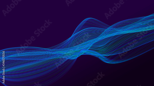 Abstract wave of sound particles. Equalizer for music. Signal transmission. 3d rendering.