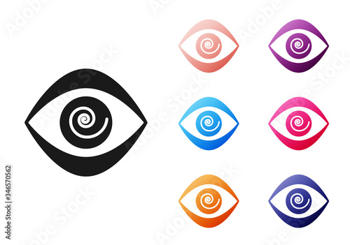 Black Hypnosis icon isolated on white background. Human eye with spiral hypnotic iris. Set icons colorful. Vector Illustration