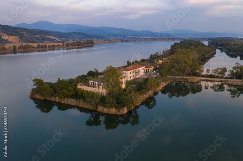 Amazing high definition aerial Panorama view of Kaiafas or Thermal Springs of Kaiafas. It is a natural spa in the municipality of Zacharo in southwestern Greece. Elis, Greece, Europe. © Mariana Ianovska