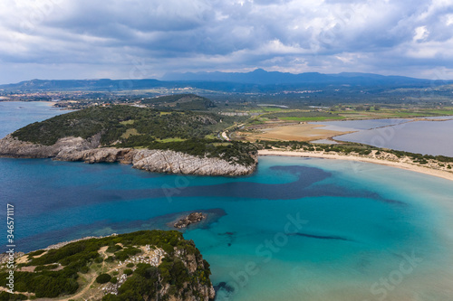 Panoramic aerial view of voidokilia beach, one of the best beaches in mediterranean Europe, beautiful lagoon of Voidokilia from a high point of view, Messinia, Greece © Mariana Ianovska