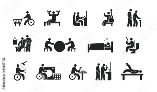 people rehabilitation activities icon set, flat design
