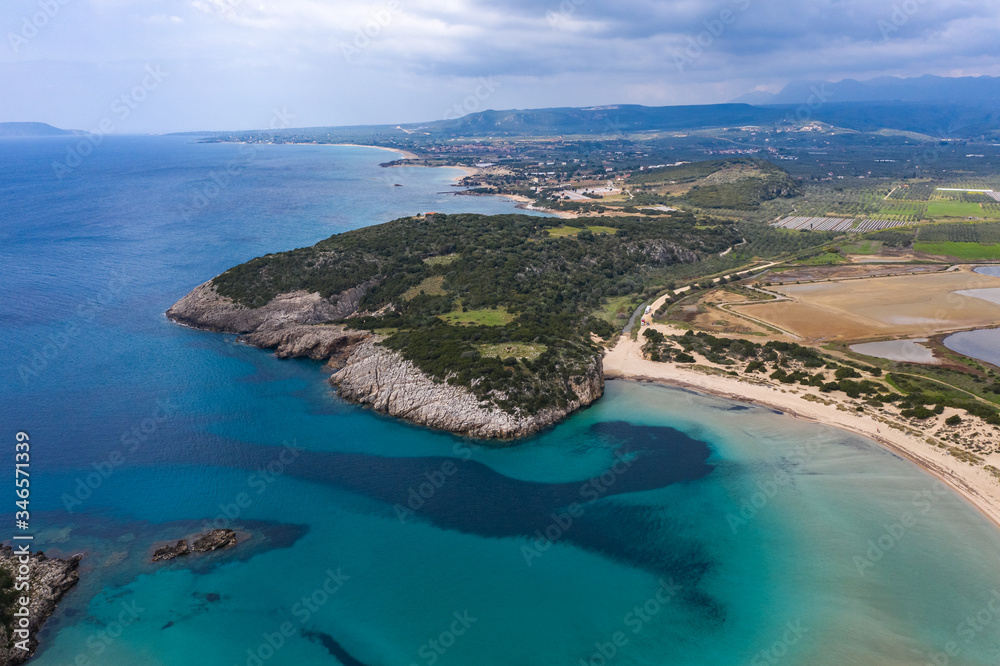 Panoramic aerial view of voidokilia beach, one of the best beaches in mediterranean Europe, beautiful lagoon of Voidokilia