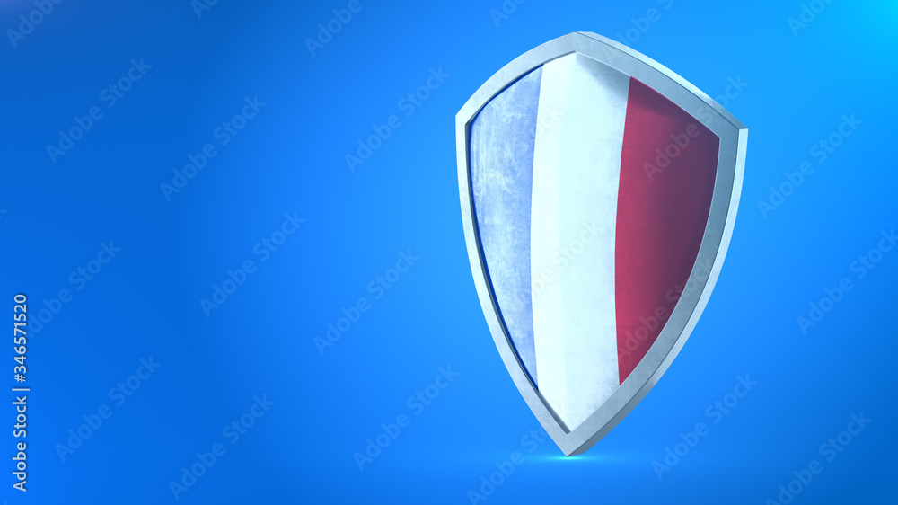 Protection shield and safeguard concept. Shiny steel armor painted as French national flag. Safety badge icon. Privacy banner. Security label and defense sign. Force and strong symbol. 3D rendering Protection shield and safeguard concept. Shiny steel armor painted as French national flag. Safety badge icon. Privacy banner. Security label and defense sign. Force and strong symbol. 3D rendering