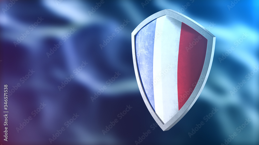 Protection shield and safeguard concept. Shiny steel armor painted as French national flag. Safety badge icon. Privacy banner. Security label and defense sign. Force and strong symbol. 3D rendering Protection shield and safeguard concept. Shiny steel armor painted as French national flag. Safety badge icon. Privacy banner. Security label and defense sign. Force and strong symbol. 3D rendering