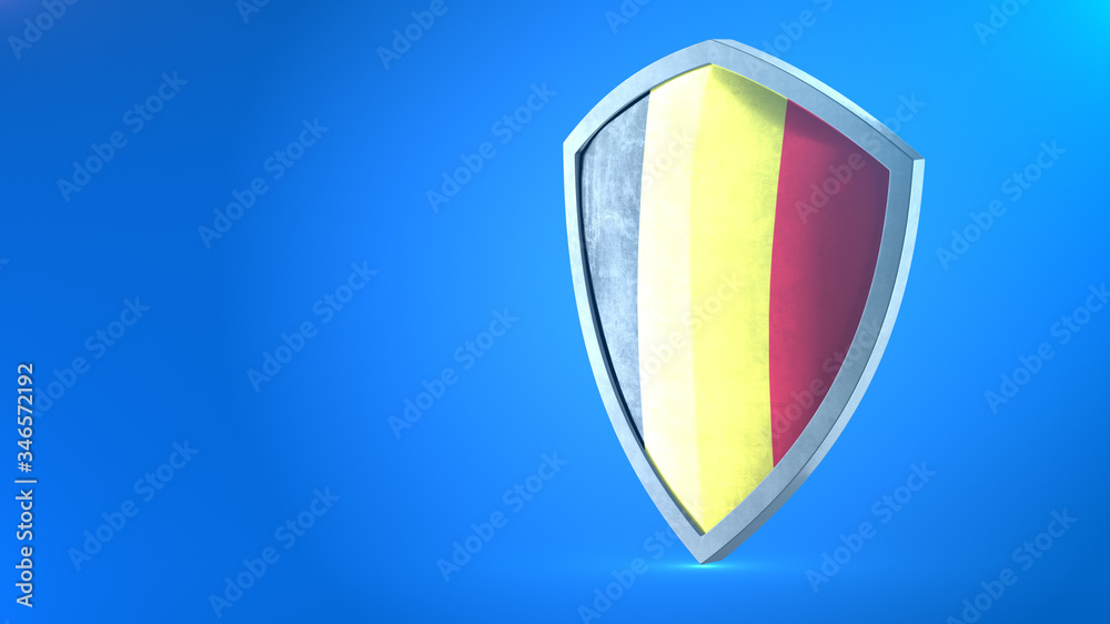 Protection shield and safeguard concept. Shiny steel armor painted as Belgian national flag. Safety badge icon. Privacy banner. Security label and defense sign. Force and strong symbol. 3D rendering Protection shield and safeguard concept. Shiny steel armor painted as Belgian national flag. Safety badge icon. Privacy banner. Security label and defense sign. Force and strong symbol. 3D rendering